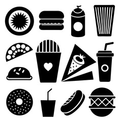 Stylish Black-and-White Fast Food Icons for Menus & Digital Use.