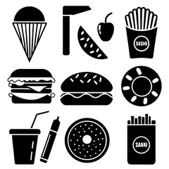 Stylish Black-and-White Fast Food Icons for Menus & Digital Use.