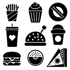 Minimalist Black-and-White Fast Food Icons Set Clean Designs.