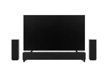 A modern television set accompanied by two sleek speakers, all in a stylish black design.