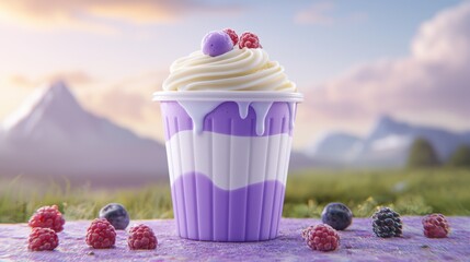 A tempting cupcake with purple frosting highlighting a vibrant and energetic tone for a delightful dessert experience