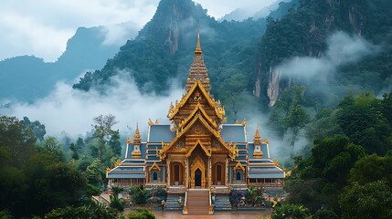 Majestic Golden Temple Surrounded by Lush Green Mountains and Misty Atmosphere