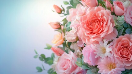 Obraz premium Large Vibrant Funeral Wreath Composed of Lush Pink and Peach Roses with Delicate White Flowers and Greenery