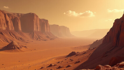 Naklejka premium martian landscape vast barren alien world towering mountains deep valleys stretching far