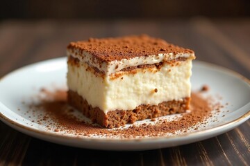 Individual tiramisu portion, dusted with cocoa, showcasing texture , isolated, italian, culinary