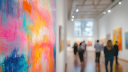 Vibrant abstract art displayed in gallery with visitors admiring the pieces