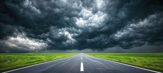Vibrant meadow road stretching under dark stormy skies