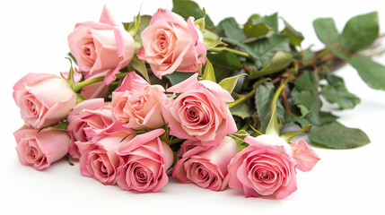 Obraz premium A beautiful bouquet of fresh pink roses with green stems and leaves, lying isolated on a clean white background