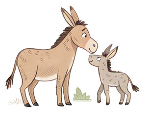 Fototapeta premium Mother and baby donkey sharing a warm moment in a meadow 