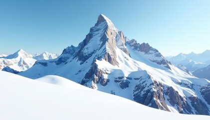 Snow-covered mountain peak, stark white landscape, panoramic, highland, mountain