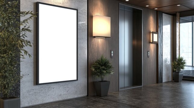 Modern lobby with elevator and blank advertising display.
