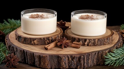 Two glasses of milk on rustic wooden table creating cozy home setup with frothy cappuccino and cinnamon aroma
