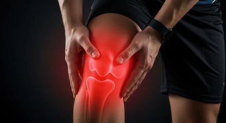 Person holding their knee with red overlay indicating pain and inflammation on a dark background
