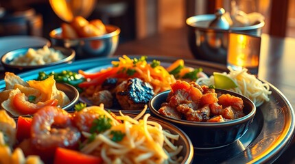 Obraz premium Diverse cuisine, iridescent colors reflecting warm golden hour light, soft contrast and saturation, soft light, sunrise or sunset ambiance, professional photography aesthetic, quality