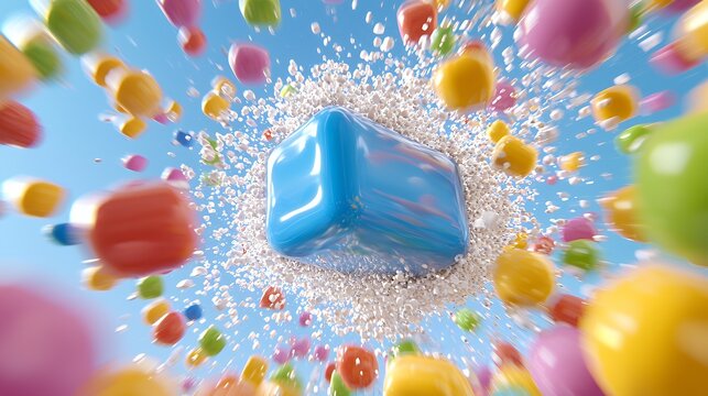 Colorful explosion of objects surrounding blue cube