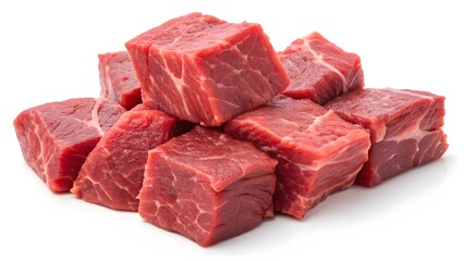 Fototapeta premium Fresh Cubed Raw Beef with Marbled Texture on White Background V4