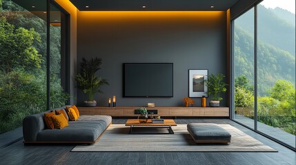 Modern Luxury Living Room Interior Design with Stunning Mountain View Large Windows Minimalist Gray Sofa Wooden TV Stand Natural  