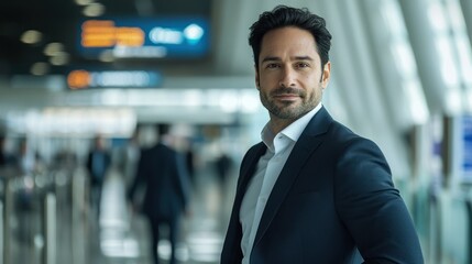Fototapeta premium Confident Businessman in Modern Airport Terminal Environment