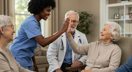 Joyful senior woman high fiving caregiver celebrating life connection warm lighting blurred