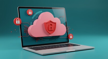 Laptop displaying a cloud with a shield and padlock icons for security on a blue background
