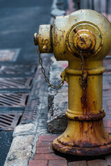 Fototapeta premium Rusty yellow fire hydrant standing on brick sidewalk in hong kong