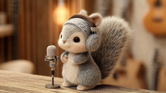 Adorable Gray Squirrel Singing into Vintage Microphone