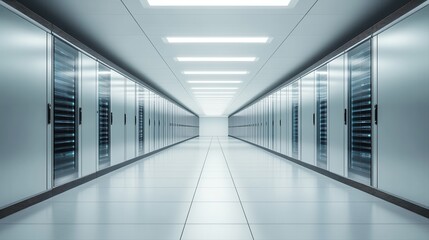 Fototapeta premium A long, brightly lit server room corridor is filled with multiple rows of server racks against the walls with tile floors to showcase digital infrastructure.