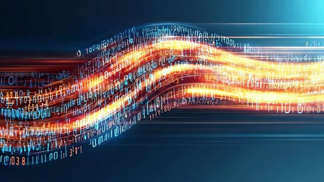 Data Stream: An abstract representation of flowing data, visualized through streams of binary code and vibrant light trails.