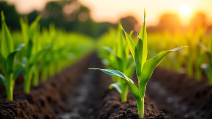 young corn plants growing in field at sunset