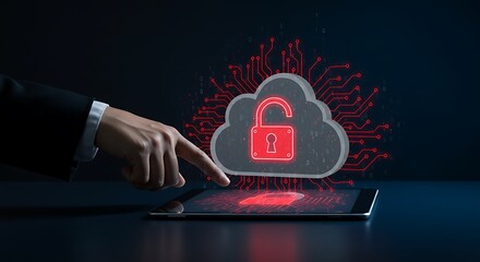 A hand touching a tablet with a cloud and an open padlock on it against a dark blue background