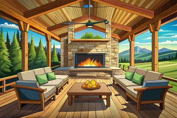 Fototapeta premium vector of Beautiful rustic stone fireplace in an outdoor living room on the deck of a modern log home, featuring comfortable seating and a flat-screen TV above, ...