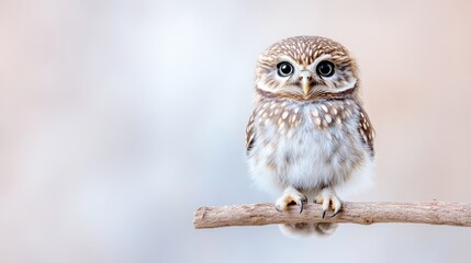 Fototapeta premium A tiny owl perched on a branch, soft focus background with neutral tones, close-up view capturing intricate feather details, and serene and cute wildlife portrait.