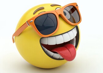 A ridiculously happy emoticon, sporting cool shades, embodies pure joyful exuberance against a bright white background.
