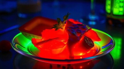 French cuisine, glowing bioluminescent colors, distinct split composition, bold areas of vibrant glow, natural light effects, soft contrast and saturation, professional photography style