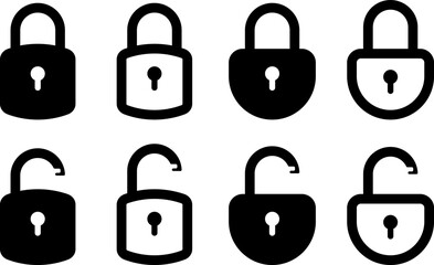 lock unlock icon set. security symbol. Flat design. Open and closed sign
