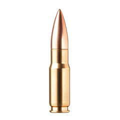 A single bullet, poised and ready, a stark symbol of potential conflict or self-defense, gleaming under bright studio lighting against a pure white background.