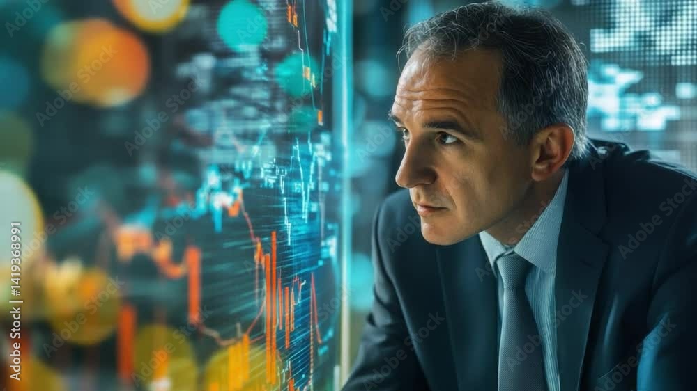 Poster analytical gaze: a focused business professional intently studies financial data displayed on a digi