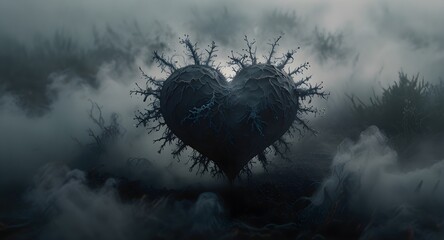 A heart-shaped tree is partially obscured by fog, with mist swirling around it, creating a dynamic, ethereal scene.