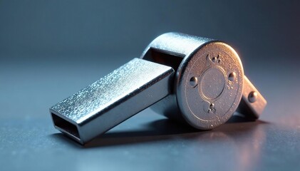 Silver metal whistle, shiny surface, isolated , silver, object