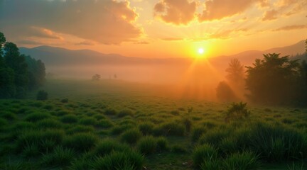 Obraz premium Tranquil Morning in Foggy Valley with Sun Rays