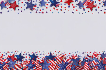 Étoiles et drapeaux américains rouges blancs et bleus sur fond clair avec espace négatif copyspace, célébration de l’Independence Day 4 juillet et du Veterans Day 11 novembre aux États-Unis