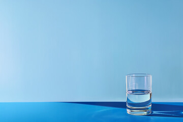 Verre d’eau posé sur surface bleue avec ombre et reflet, fond bleu uni avec espace négatif copyspace, hydratation, santé, communication minimaliste, bien-être, journée mondiale de l’eau 22 mars