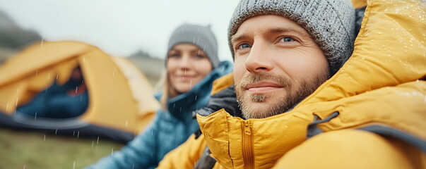 Portrait of caucasian man smiling as raindrops fall while camping outdoors with a woman in the blurred background surrounded by tents, depicting nature and adventure travel.