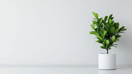 A potted green plant sitting on a white shelf against a plain wall, minimalistic interior design with clean lines, and modern home decor concept.