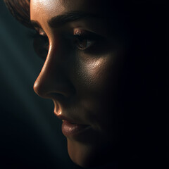 Moody cinematic shot of a woman's face half-lit with soft shadows, parted lips, and focus on eyelashes and skin texture in warm highlights Generative AI