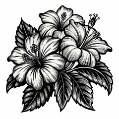  A hibiscus flowers in a vintage woodcut engraved  © MD