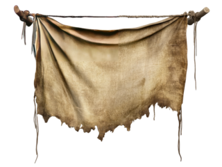 Ancient Worn Fabric Hanging Banner Medieval Relic, Textured Beige, Ragged Edges, 