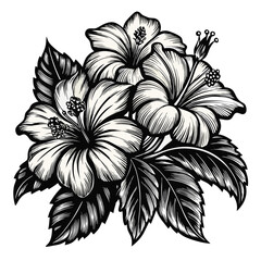 A hibiscus flowers in a vintage woodcut engraved  © MD