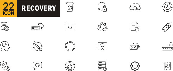 Recovery editable outline icon set. Backup restore security data storage and more.