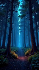 Bio-luminescent forest at night, digital overlay, ecology, dark